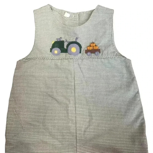Smocked Jumper Embroidered Fall Pumpkins Tractor Green Plaid Size 9M - Picture 1 of 3